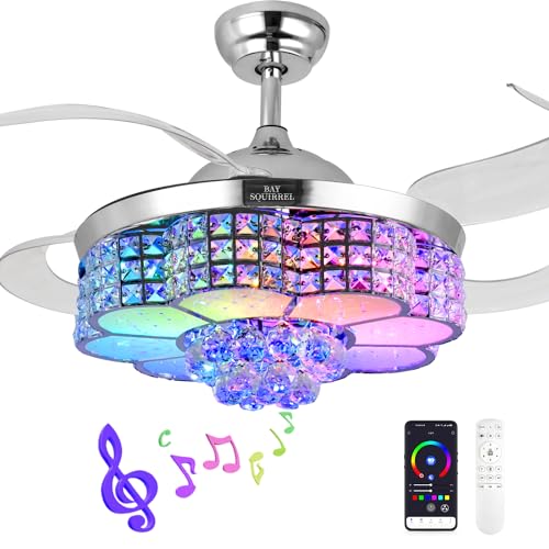 BAYSQUIRREL Retractable Crystal Ceiling Fan with Light and Remote/APP Control, Bluetooth Ceiling Fan with Speaker, RGB-LED Light 6 Speeds Reversible Blades,Flush Mount Chandelier Ceiling Fan
