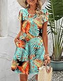 HOTOUCH Casual Dress with Pockets Sundresses for Women Vacation Dress Short Sleeve Tropical Dresses for Women Tunic Dresses Leaf Printed Large