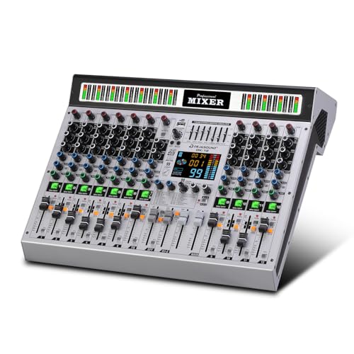 12-Channel Professional Audio Mixer, DK-12 Mixing Console with XLR Inputs, Bluetooth, 99 DSP Effects, MP3, USB Interface for Podcast, Music, Recording, PC 14.76"x1.96“x17.40"inches