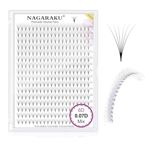 NAGARAKU Premade Fans Eyelash Extensions 320 Fans 6D Volume 0.07mm D curl 9-14mm Mix Tray Sharp Narrow Stem Clusters Thin Pointy Base Russian Pre Fanned Fluffy Matte Black