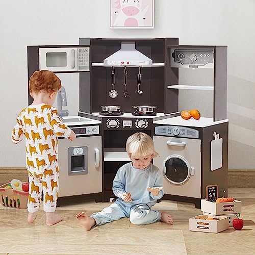 TaoHFE Corner Play Kitchen with Lights & Sounds Brown Kitchen Kids Toddler Kitchen Set with Washer, Chalkboard Wooden Kitchen Kids Playset with Washing Machine Range Hood Boys Gift for Ages 3+