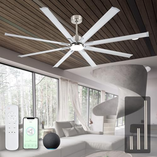 Maxslak 84" industrial Ceiling Fans with Light,Large Ceiling Fan with Modern 8 Aluminum Blades,Works with Alexa,Noiseless DC Motor,Brushed Nickel Outdoor Ceiling Fan for Garage or Pool area