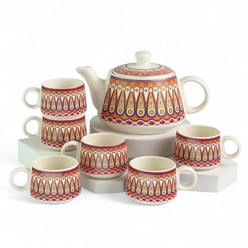 Porcelain Tea Set with 6 Cups and Teapot – Handmade Ceramic Gift Set for Women & Adults, Safe for Microwave and Dishwasher, Beautiful Design, Perfect for Tea Parties and Home Decor