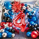 4th Spider Birthday Balloons Decorations, Spider Balloon Arch Kit with Royal Blue Black Red Silver Balloons, 40 Inch Red Number 4 Balloon Tower, Star Foil Balloons for Boys Superhero Theme Party