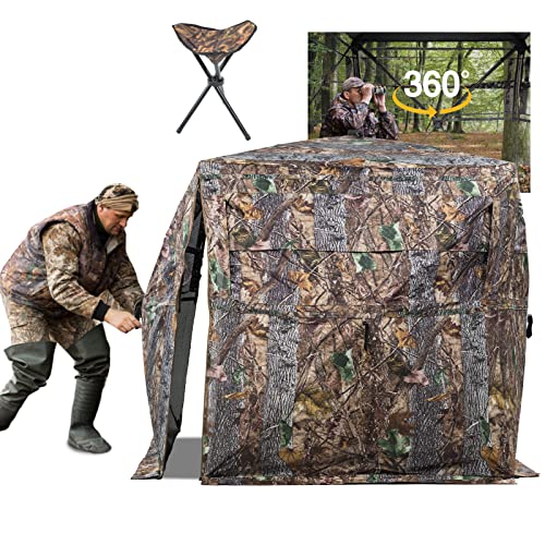 FUNHORUN Hunting Blind 360 Degree See Through Ground Blind for Deer Hunting, 2/3 Person Pop Up Camouflage Tent for Deer and Turkey, Portable Concealed Shelter with Chair and Carrying Bag