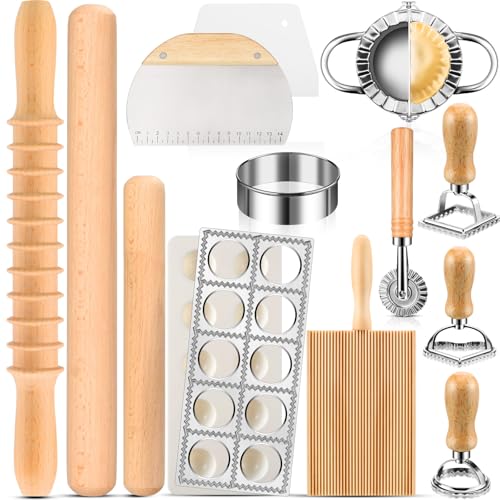 14 Pieces Pasta Making Tools Set, Ravioli Mold Set, Ravioli Maker with Roller Wheel, Ravioli Cutter Set with Wooden Handle, Pasta Making Kit for Ravioli Press Mold. Suitable for Home and Beginners