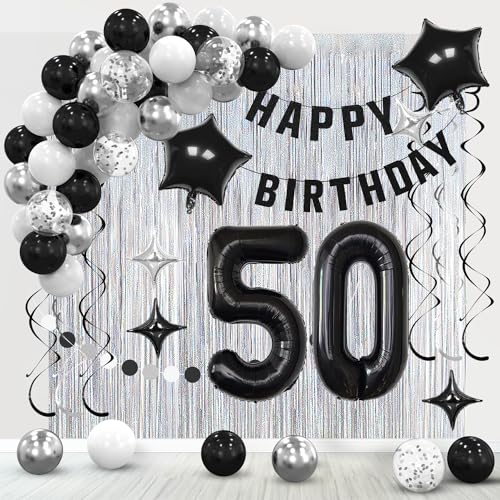 50th Birthday Decorations for Men Women- Black Silver Happy 50th Birthday Party Decor With Banner Backdrop,Number 50 Foil Balloon -Black White Balloons Garland Arch Kit for 50 Years Old Anniversary