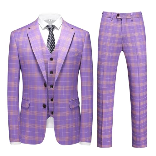 YFFUSHI Men's Plaid Tweed 3 Piece Suit Slim Fit Button Dinner Suit Tuxedo Purple