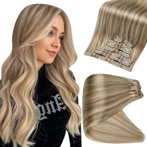 Full Shine Human Hair Clip in Extensions Balayage Seamless Hair Extensions Clip Ins Golden Blonde Mix Light Blonde Real Hair Extensions for Women Brazilian Hair 18 Inch 8 PCS 120 G