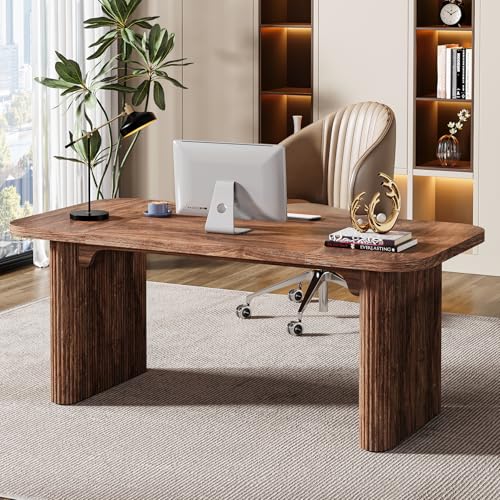 Tribesigns Wood Office Desk, 62-Inch Modern Executive Desk, Large Aesthetic Computer Work Desk with Double Pedestal, Workstation for Home Office (Brown)