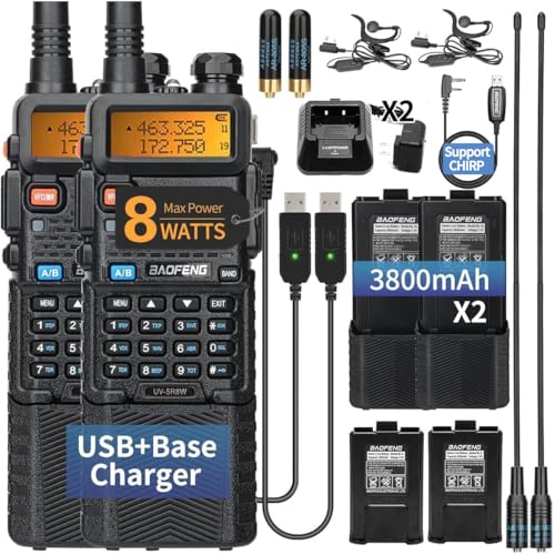 Ham Radio Baofeng UV-5R 8W Radio Long Range UV5R Handheld Dual Band 3800mAh High Power Two Way Radio Rechargeable Walkie Talkies for Adults with Earpiece,USB Charging Cable and Programming Cable,2Pack