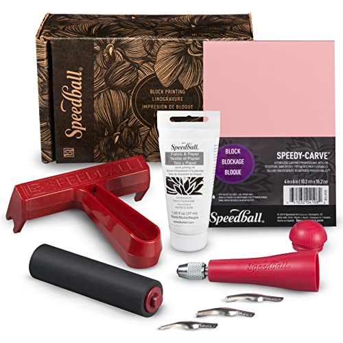 Speedball Block Printing Fabric Starter Kit, 7 Pieces – Includes Ink, Hard Brayer, Lino Handle and Cutters, Speedy-Carve Relief Carving Rubber