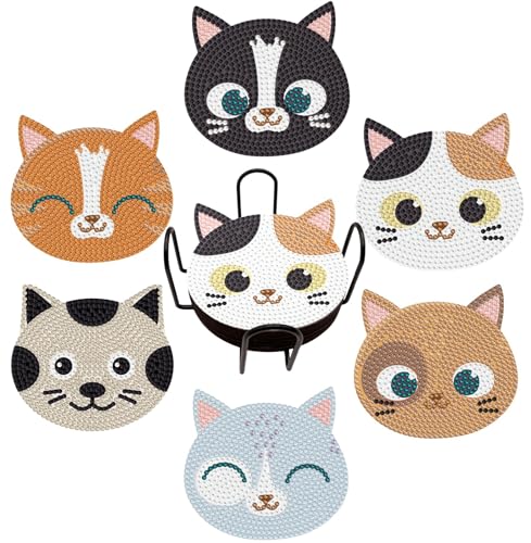 6 Pcs 5D Diamond Painting Coasters Kits with Holder, Cute Cats Diamond Art Coasters Set for Drinks Coffee Table, Diamond Painting kit for Beginners Adults DIY Art Craft Gifts Home Decors (cat)