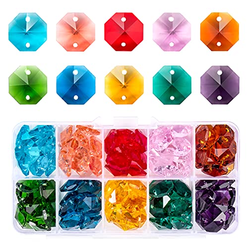 100 Pcs Glass Octagon Crystal Beads 14mm Colorful Crystal Chandelier Parts Replacement Beads DIY Lamp Hanging Pendant Suncatcher Beads