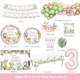 Hombae Young Wild and Three Party Decorations Girl, Safari 3rd Birthday Decorations, Jungle Animal Theme 3 Year Old Party Supplies Backdrop Balloon Banner Tablecloth Cake Topper Plates Napkins Forks