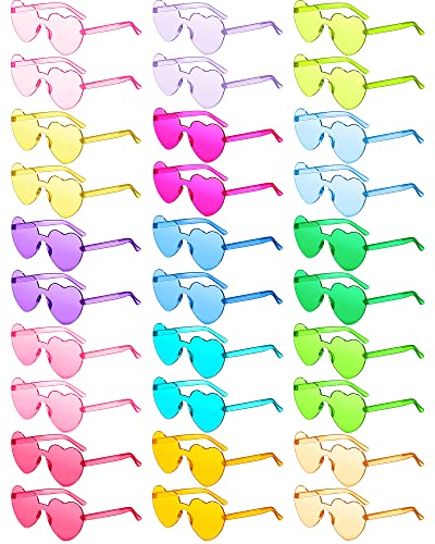 Colzzy 30 Pcs Heart Shaped Rimless Sunglasses Transparent Colorful Frameless Glasses Eyewear Bachelorette Party (Vivid Colors)