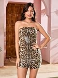 Cantonwalker Womens Satin Strapless Side Slit Stretch Bodycon Party Mini Dresses (M,Brown Leopard)