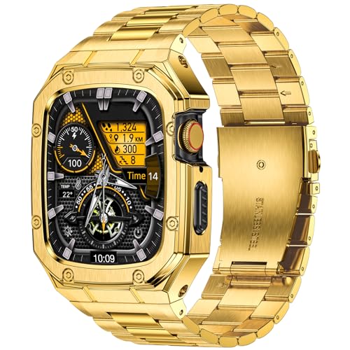 BAITEYOU Stainless Steel Watch Band with Case Compatible with Apple Watch Series SE 6 5 4 3 2 1 (42mm 44mm), Rugged Strap with Metal Protective Bumper Cover for iWatch Bands Men (Gold)