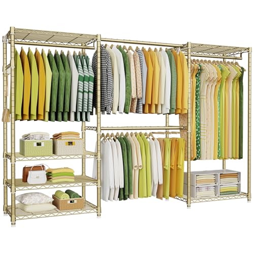 Ulif E1 Heavy Duty Closet Garment Rack, 6 Tiers Adjustable Metal Freestanding Expandable Clothing Storage with 4 Hanger Rods, Easy to Assemble Wardrobe, 71.4" H x (70" - 88.2") L x 14" D, Gold