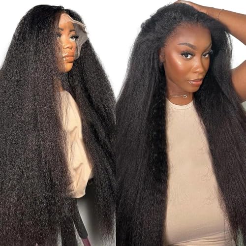 13x6 Kinky Straight Human Hair Wig for Women 180% Density HD Transparent Lace Front Wigs Pre Plucked with Baby Hair Natural Hairline Yaki Straight Brazilian Virgin Human Hair Wigs 32inch