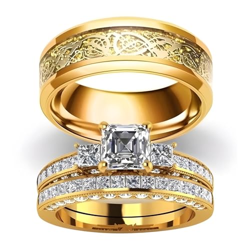 3Pcs Moissanite Wedding Rings Sets for Couples, s925 10K 14K 18K Gold Wedding Rings Sets for Him and Her, Customized Matching Engagement Bands Set for Men and Women Free Engraving(Set 5)
