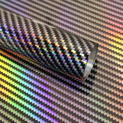 Lypumso 2D Holographic Carbon Fiber Vinyl Wrap, High Gloss Silver Rainbow Chrome Wrapping Vinyl Film with Air Release Technology Auto DIY Paint Replacement Wrap Roll 1ft x 10ft