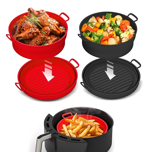 Collapsible Silicone Air Fryer Basket Liners Pot - AirFryer Liners Reusable Bowls for 5 Quart or Bigger - Air Fryer Accessories 2 Pack - Round Silicone Liners (Red & Black)