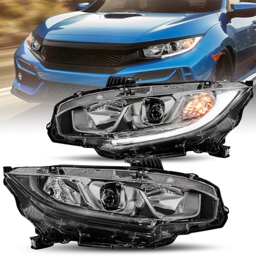 JSBOYAT Halogen Headlight Assembly Compatible with 2016-2021 Honda Civic w/LED DRL Projector Headlamp Black Housing with Clear Reflector