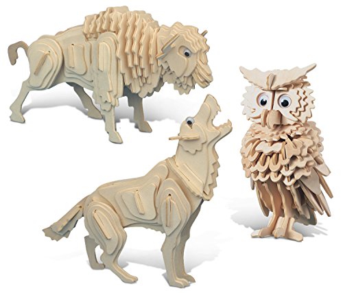 Puzzled Bundle of Owl, Wolf and Buffalo Wooden 3D Puzzle Construction Kits, Fun Unique and Educational DIY Wild Animals Toys Assemble Model Unfinished Wood Craft - 3 Pack