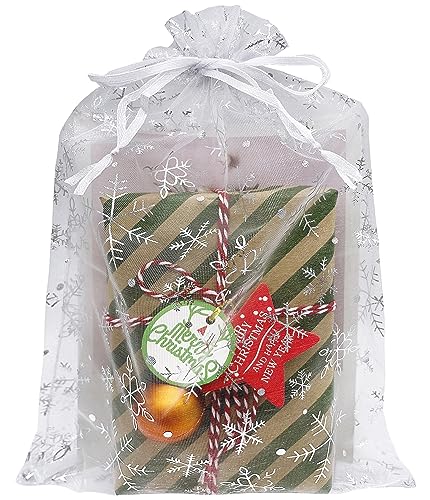 Jexila 50 Pack Christmas Organza Bags 8X12 inch Snowflake Large Christmas Mesh Drawstring Gift Bag for Packing Party Favor Goodie Candy Treat Bags