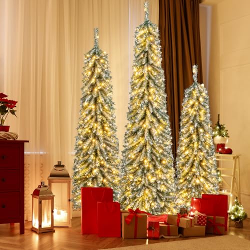 BECOMFORT Prelit Artificial Christmas Tree Set of 3, 4 5 6 FT Pencil Xmas Trees w/Realistic Snow, 216 & 302 & 505 Branch Tips, 100 & 120 & 180 LED Lights, Holiday Decoration Tree for Entrance Home