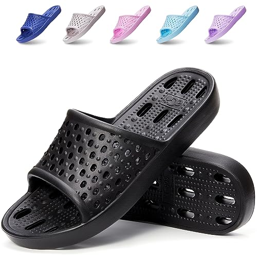 Xomiboe Shower Shoes Men Bathroom Slippers Non Slip Shower Sandals Slides Flip Flops Women House Quick Drying Rubber Plastic Bath Pool Travel Hotel Anti (Black,EU42-43)