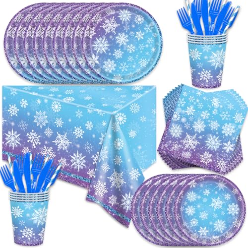 141Pcs Snowflake Party Decorations for 20 Guests - Tableware Frozen Themed Party Plates and Napkins Forks Cups Cutlery Tablecloch Snowflake Christmas for Kids Baby Shower Birthday Supplies