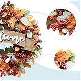 22 Inch Fall Berries Wreath for Front Door, Autumn Leaves Wreath for Indoor Outdoor, Welcome Wood Sign Fall Festival Wreath for Home Decor