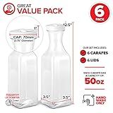 Plastic Juice Carafe with Lids (Set of 6) 50 oz Carafes for Mimosa Bar, Drink Pitcher with Lid, Water Bottle, Milk Container, Clear Beverage Containers for Fridge, Pantry Storage, Square Pitchers