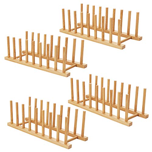 HBlife 4pcs Bamboo Dish Plate Bowl Cup Book Pot Lid Cutting Board Drying Rack Stand Drainer Storage Holder Organizer Kitchen Cabinet (Keep Dry)