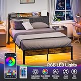 Full Bed Frame with Storage Charging Station Headboard, Smart LED Light, Metal Platform Bed No Box Spring Required, Easy Assembly, Noise Free