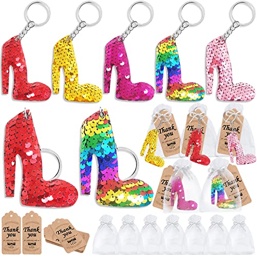 CiciBear 60 Pack Double-Deck High Heel Sequin Keychain Set with 20 Keychains, 20 Thank You Tags and 20 Bags for Engagement, Girls Makeup Party, High Heel Shoe Party, Bachelor, Baby Shower, 5 Colors