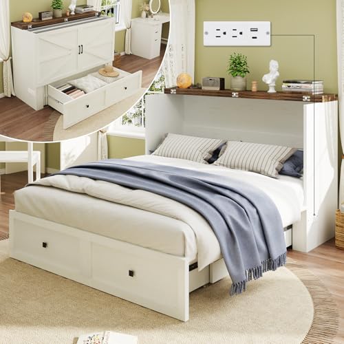 LUXOAK Full Size Murphy Bed with Charging Station, Cabinet Bed with Large Storage Drawer for Home Office or Small Room, Hideaway Bed Full Foldable Platform Bed, White