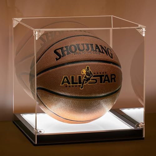 Basketball Display Case with LED Light, Thickened UV Protection Clear Acrylic Lid Basketball Holder, Wooden Basketball Base Stand for Autographed Ball and Memorial Gift