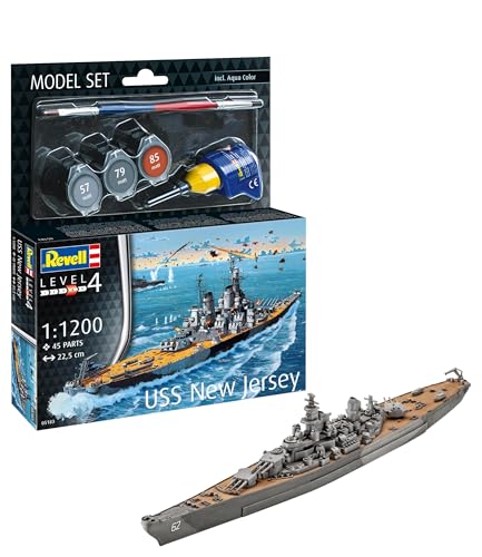 Revell Model Set 65183 Battleship USS New Jersey 1:1200 Scale Unbuilt/Unpainted Plastic Model Kit with Contacta Professional Glue, Paintbrush & Selected Aqua Color Paints