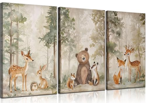 MIZILI 3Pcs Woodland Animal Nursery Canvas wall art Wild Animals Forest Paintings Pictures Wall Decor Fox Bear Deer Watercolor Poster Printing Artwork for Boys Room Girls Room Home Decoration