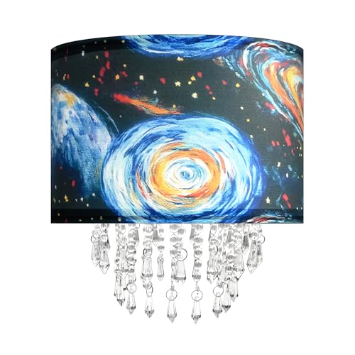 Star Vision Universe Themed Fabric Lampshade with Crystal Beaded Droplets, Space Planet Sun Light Shade for Pendant Table Wall & Floor Lamps, Space Lover Children Kid Bedroom Decor