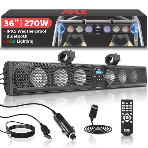 Pyle 36" Marine Sound Bar Speaker System for ATV/UTV with Bluetooth, 270W Peak Power, Built-in Amplifier, 6x4 Woofers, 2x1 Treble, Remote Control, USB/AUX Input, Handlebar Mount, IPX5 Waterproof