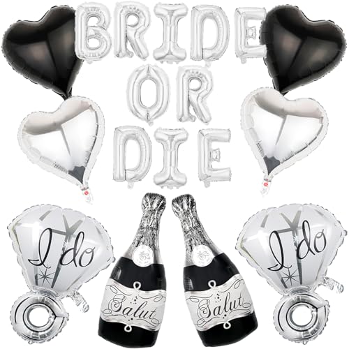 Bachelorette Party Decorations Black and Silver Balloons, Bride or Die Foil Balloons Wine Ballons Diamond Ring Balloons for Bridal Shower Engagement Bachelorette Party Decorations Supplies