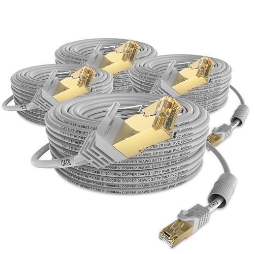 Cat 8 Ethernet Cable 100 FT,High Speed Duty Poe Camera Long Ethernet Cable Copper 26AWG S/FTP PIMF Cat8 LAN Network Cable 40Gbps Gold Plated RJ45 outdoor Heavy Weatherproof Grey 4PCS（1&2PCS available)