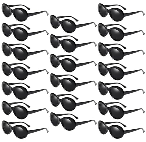 QYVEWY 20 Pack Clout Oval Mod Sunglasses for Women Men Bulk Retro Round Lens Glasses Party Favors (Black)