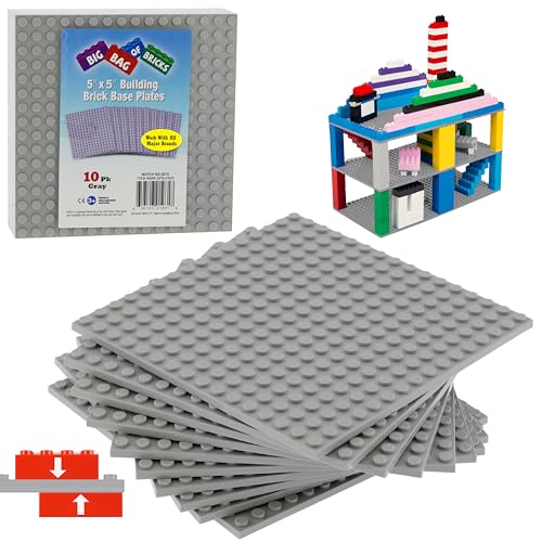 SCS Direct Brick Building Base Plates - Small 5"x5" Gray Baseplates (10pcs) - Dual Connectivity on Both Top and Bottom Sides, Tight Fit w All Brands, Perfect for Play Tables, Kids Gift