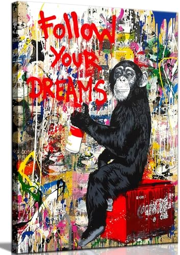 Large Banksy monkey wall art Street Graffiti Canvas Wall Decor Monkey gorilla Animal Inspirational Painting Pictures Posters Prints Artwork for Office Living Room Bedroom Bathroom Framed(Banksy Graffiti, 24“W×36”H Framed)