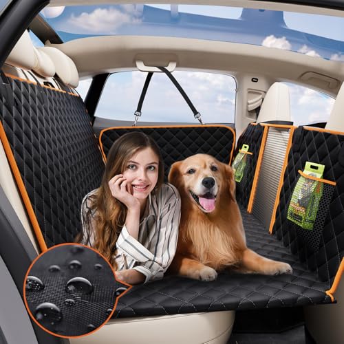 lufebut Hard Bottom Holds 420LBS, Dog Car Seat Cover for Back Seat, Back Seat Extender for Dogs, Back Seat Extender for Car Travel Bed with Mesh Window and Storage Pocket, SUV, Truck